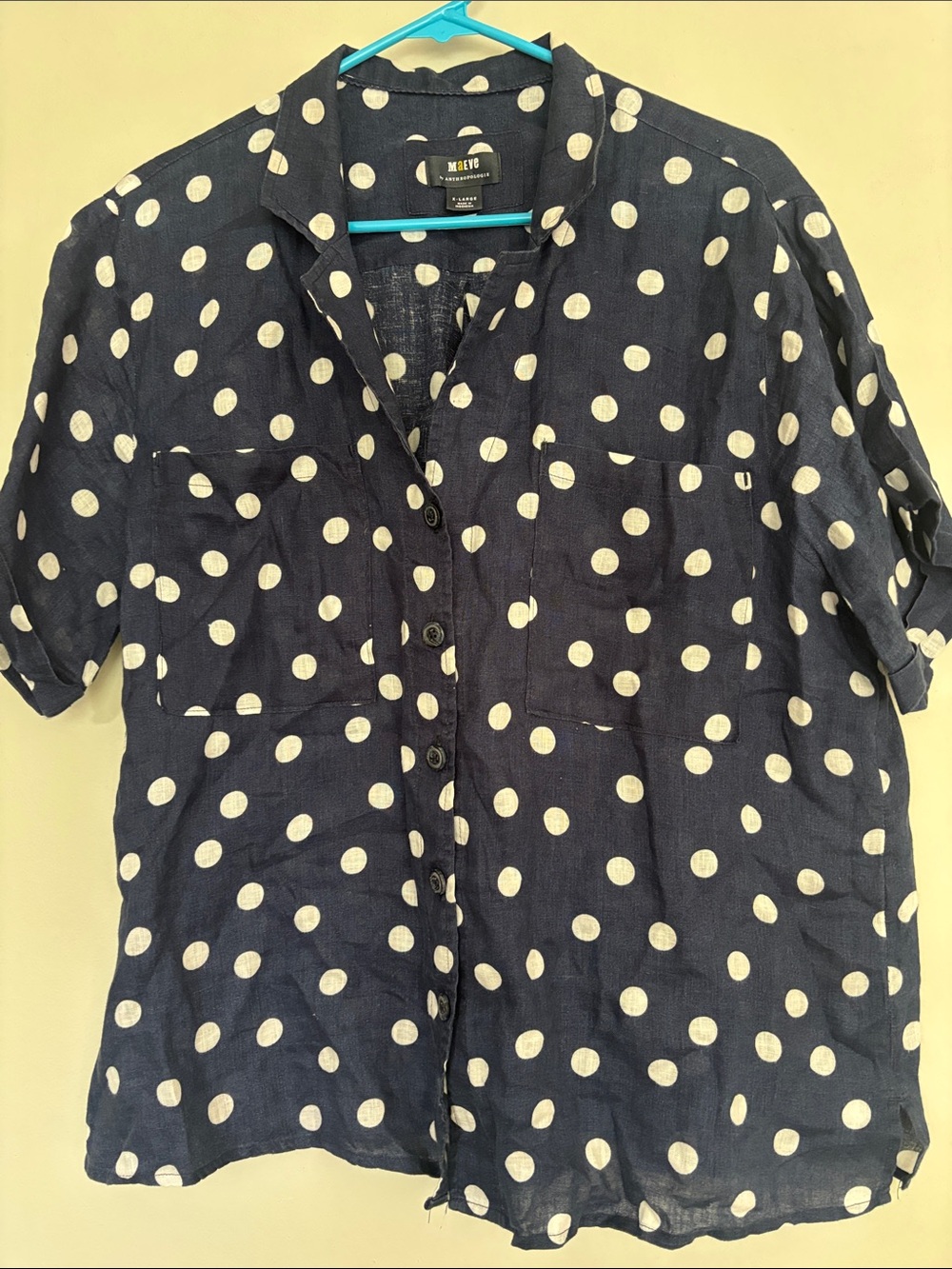 Maeve Navy and White Polka Dot Short-Sleeve Button-Down Shirt